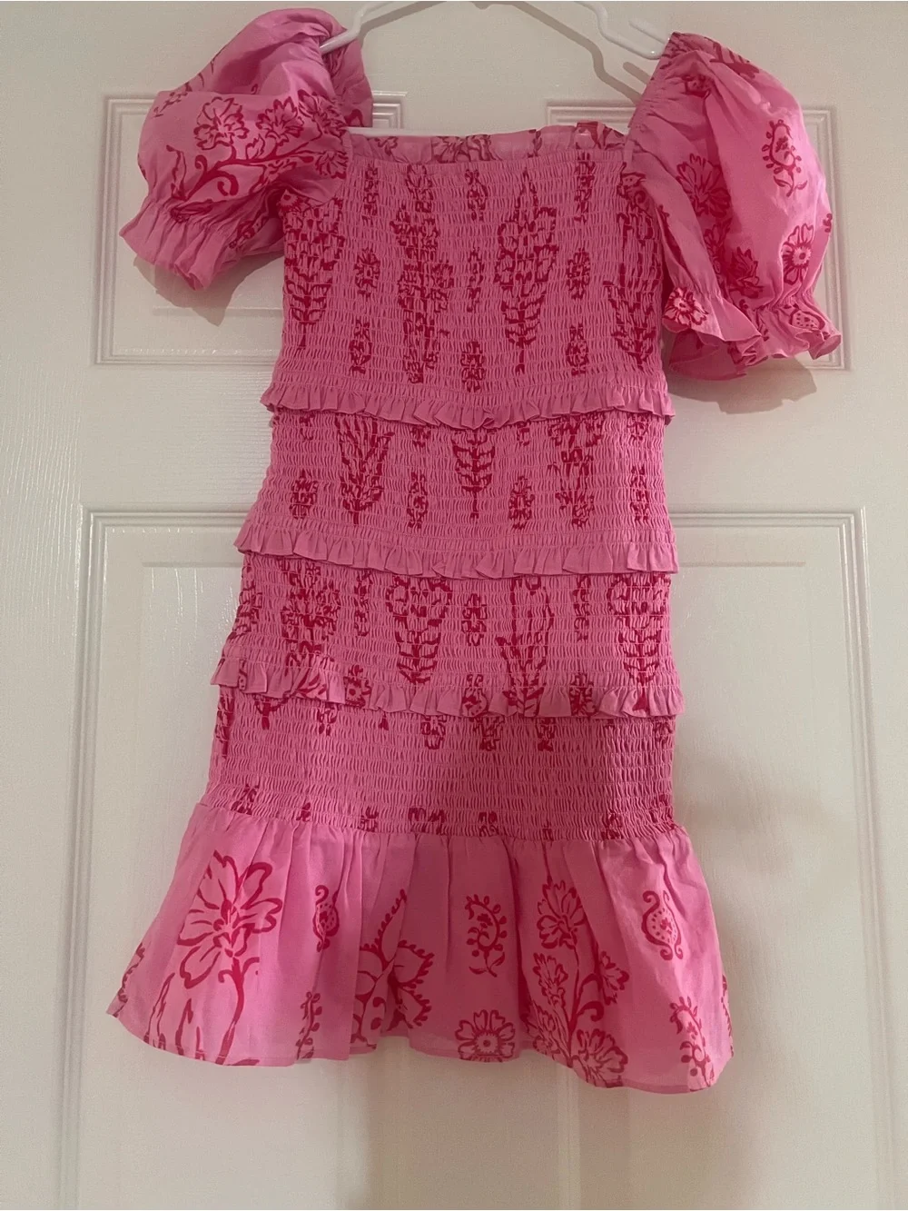 Pink Smocked Tiered Dress with Puff Sleeves for Girls